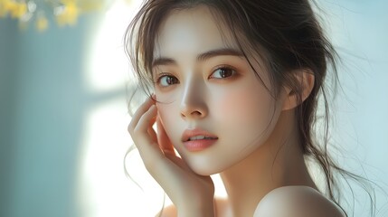 Portrait of Japanese girl. Luxury fashion model. stunning asian woman posing for a skincare campaign, clean skin glows in natural lighting, youthful complexion, white bokeh background 3d digital art.