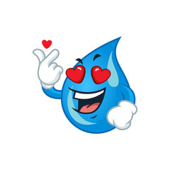 Cute cartoon water drop in love making finger heart gesture.
