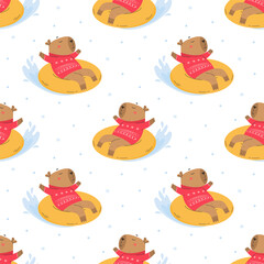 Funny capybara snow tubing seamless pattern