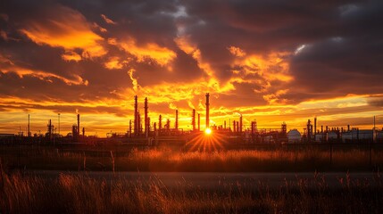 A sunset over a city with many factories and smoke coming out of them. The sky is orange and the sun is setting