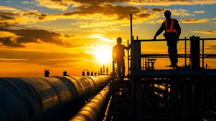 Fototapeta premium Two men standing on a platform near a pipeline. One of them is wearing a safety vest. The sky is orange and the sun is setting