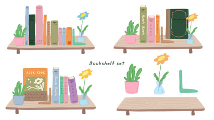 Set of books and plants on a bookshelf, cute hand drawn illustration / 本棚に並んだ本と植物のセット、かわいい手描きのイラスト