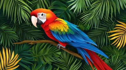 Obraz premium Scarlet Macaw Parrot Perched on Branch in Tropical Jungle