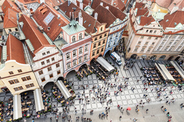 View of the Old Town Square from the observation platform of the Old Town Hall in old part of Prague in Czech Republic