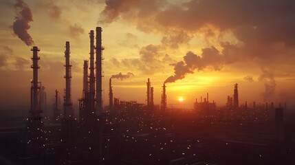 A sunset over a city with many industrial plants. The sky is orange and the sun is setting