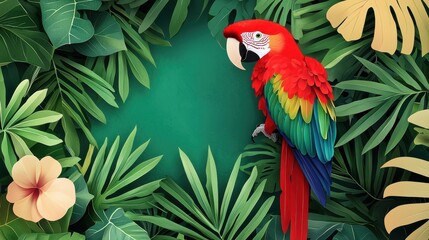 Fototapeta premium Tropical Parrot with Green Leaves and Flowers Background