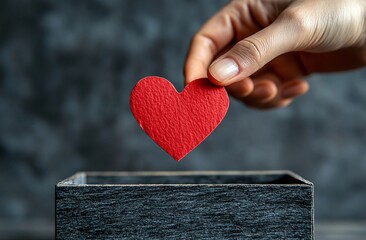 Delicately Placing a Red Heart Card into a Wooden Box for a Special Occasion