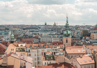 View of old town from observation platform of the Old Town Hall in the old part of Prague in the...