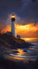 Naklejka premium Illuminated Lighthouse on a Coastal Cliff at Sunset