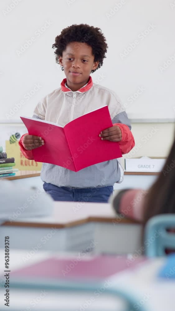 Poster black boy, talking and presentation in classroom for education, school and learning with oral assess