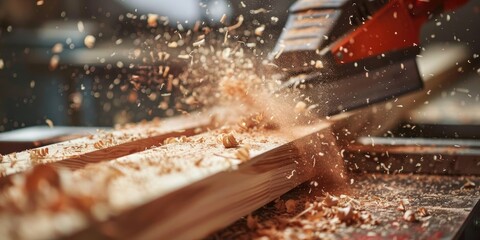 Woodworking in a Carpentry Studio: Cutting a Timber Beam with Saw Installation