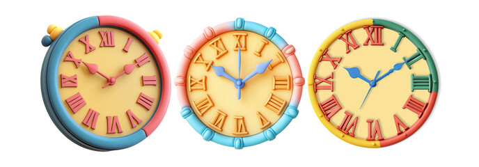 Set of colorful alarm clocks isolated on transparent background