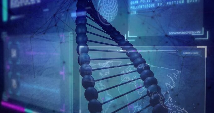 Animation of dna strand and network of connections over data processing on blue background