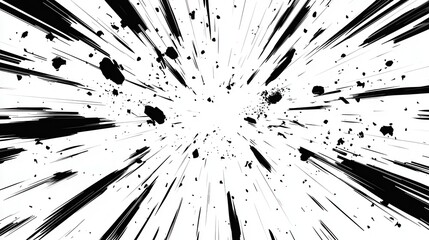 Abstract Black and White Grunge Texture with Radial Lines and Splashes