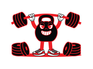 Gym Kettlebell retro mascot with hand and foot doing fitness. Retro cartoon stickers with funny comic characters and gloved hands. Kettlebell, dumbbell, fitness, gym, exercise Retro Mascot.