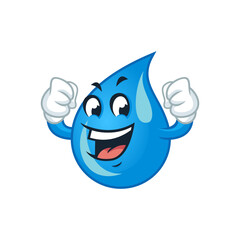 Happy, smiling cartoon water drop character with clenched fists, showing strength and power.