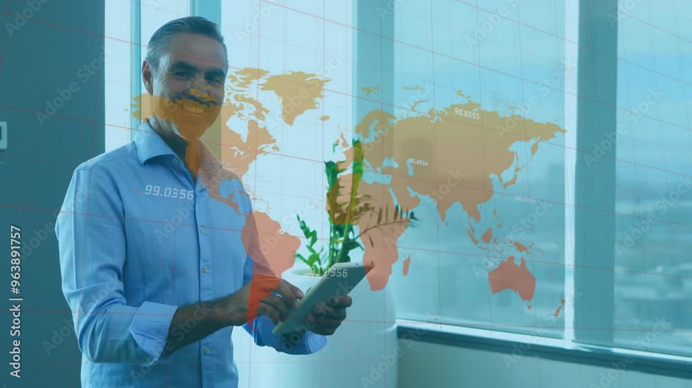 Poster animation of world map with data processing over biracial businessman using tablet in office
