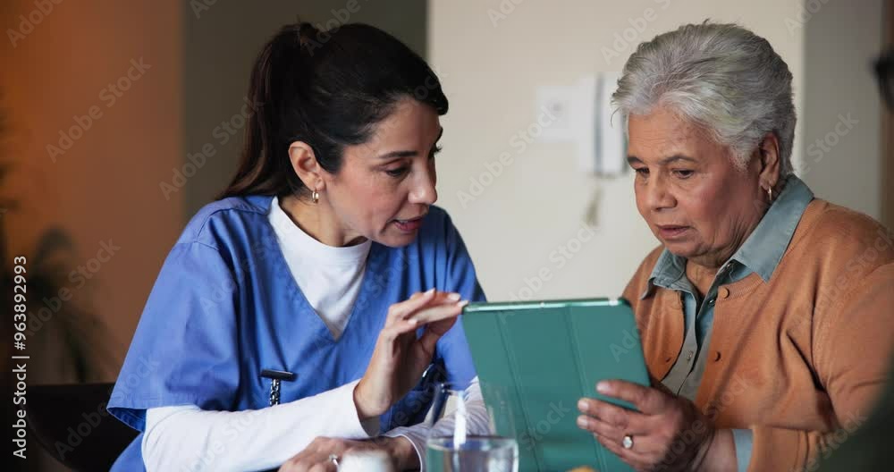 Poster Tablet, discussion and nurse with senior woman in assisted living facility for healthcare checkup. Technology, talking and caregiver with elderly patient for diabetes consultation in nursing home.