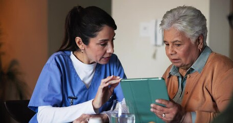 Tablet, discussion and nurse with senior woman in assisted living facility for healthcare checkup. Technology, talking and caregiver with elderly patient for diabetes consultation in nursing home. - Powered by Adobe