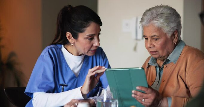 Tablet, discussion and nurse with senior woman in assisted living facility for healthcare checkup. Technology, talking and caregiver with elderly patient for diabetes consultation in nursing home.
