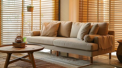 Modern living room with earth-tone furniture, natural fabric sofa, and wooden coffee table. The room is well-lit with ambient lighting, with window blinds highlighting the natural color decor. .