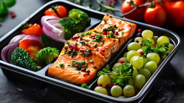 Healthy salmon meal prep with fresh vegetables and fruits on a black background for nutritious eating