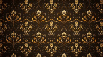 Gold Floral Damask Pattern on Dark Background