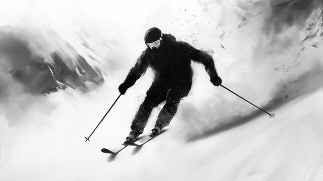 skiing black and white abstract art