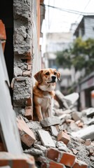 Dog Looking Out From Damaged Building After Disaster