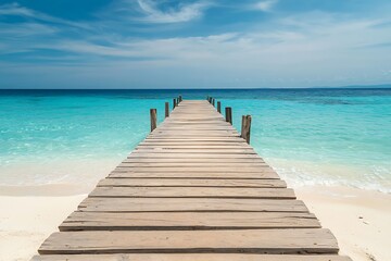 Obraz premium Serene Wooden Pier Stretching into Tranquil Turquoise Waters