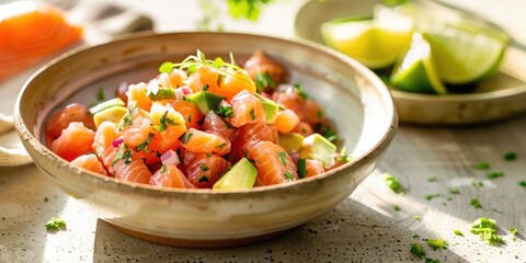 Salmon Tartare with Avocado on a Light-Colored Surface in a Bright Natural Setting
