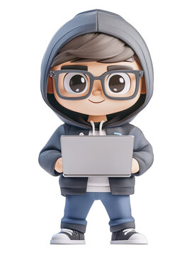 3D cartoon tech character wearing a hoodie and glasses, using a laptop confidently, representing programming and technology work.