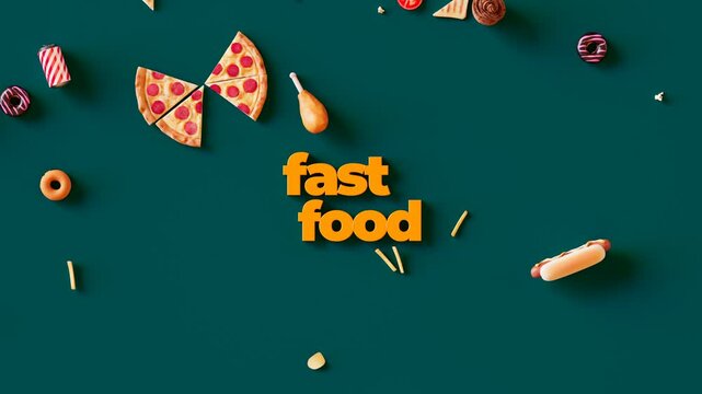 Animation Of Yellow Inscription Fast Food And Appearing Tasty Snacks And Drinks Animation Of Yellow Inscription Fast Food And Appearing Snacks And Drinks Different Kind Of Food Like Pizza Burgers Frie