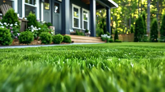 Beautiful garden landscape showcasing lush green grass and well-maintained plants in a serene outdoor setting