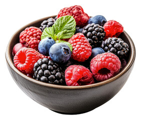 Fresh mixed berries in a black bowl with mint, cut out - stock png.