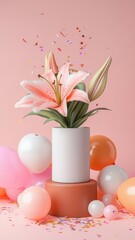 Obraz premium A vibrant lily featured on a leather podium surrounded by confetti and balloons.