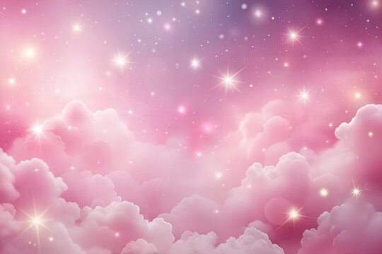 Dreamy night sky with pink clouds and twinkling stars in magical atmosphere