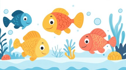 Naklejka premium Dive into a playful underwater world filled with vibrant, handdrawn fish in charming animation style.