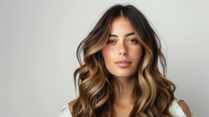Fototapeta premium Portrait of a woman showcasing balayage highlights against a white background. Concept Portrait Photography, Balayage Highlights, White Background, Female Model, Hair Styling 