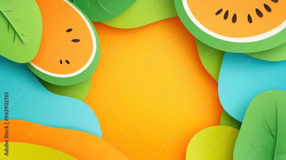 Wall mural Explore a vibrant fresh melon fruit background crafted in trendy paper art style, perfect for refreshing visuals and designs.