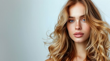 Naklejka premium Woman with balayage highlights against a white background . Concept Fashion, Hairstyle, Beauty, Portrait, Photograph 