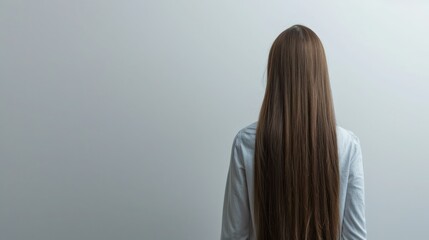 Fototapeta premium Woman with long straight brown hair standing facing white wall. Concept Fashion, Hairstyle, Woman, Portrait, Brown Hair 