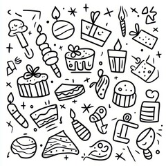 Celebrate with a fun birthday doodle pattern featuring bold black outlines on a pure white background for endless creativity.