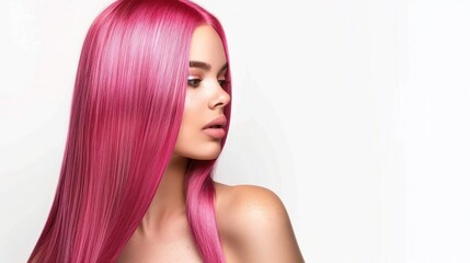 Fototapeta premium Woman With Pink Short Straight Long Hair On White Background 