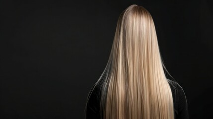Naklejka premium Woman with shiny straight blonde hair back view isolated on black. Concept Hair Styling, Women's Fashion, Beauty Photography, Hairstyle Trends, Black Background 