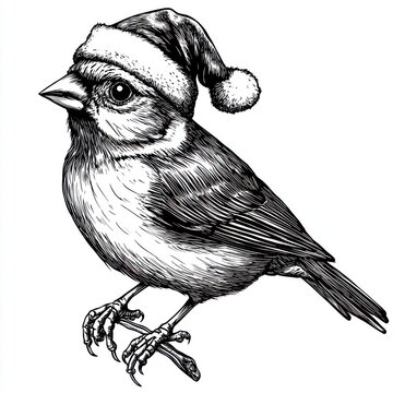 recommend clip art: Black and white Vintage engraved art of a Finch wearing a Christmas Santa hat, isolated on white background, ink sketch illustration, simple vector art design, highly detailed line art,