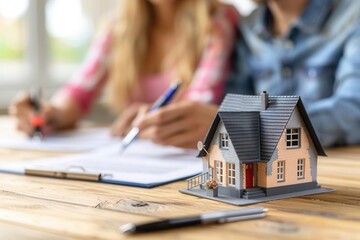 Closeup of a real estate agent, young couple signing mortgage papers, miniature house model on the desk, bright and cheerful lighting, eyelevel perspective