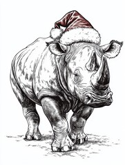 Fototapeta premium Black and white Vintage engraved art of a full-body rhinoceros wearing a Christmas Santa hat, isolated on white background, ink sketch illustration, simple vector art design, highly detailed line art