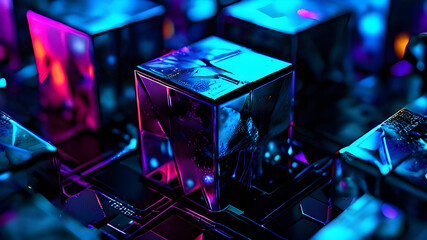 Nano particles of Innovation technology with holographic glowing low polygonal light diagonal boxes dark background.