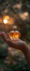 Closeup of a woman s hand holding a perfume bottle, soft and ambient light, background slightly blurred, focus on the elegance of the bottle and her hand, eyelevel angle